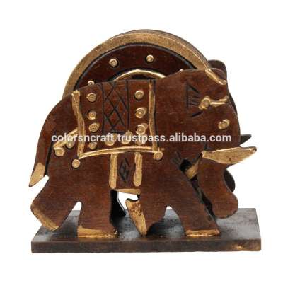 Elephant Design Wooden Tea Coaster Handicraft