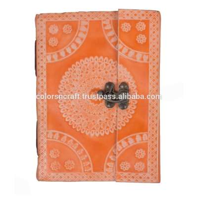 genuine leather orange color flap leather journal with embossing and lock system