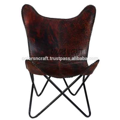 antique red color genuine quality buff leather butterfly chair