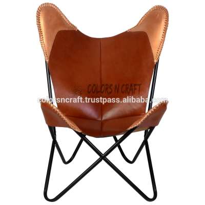 new genuine quality buff harness leather butterfly chair with golden edges